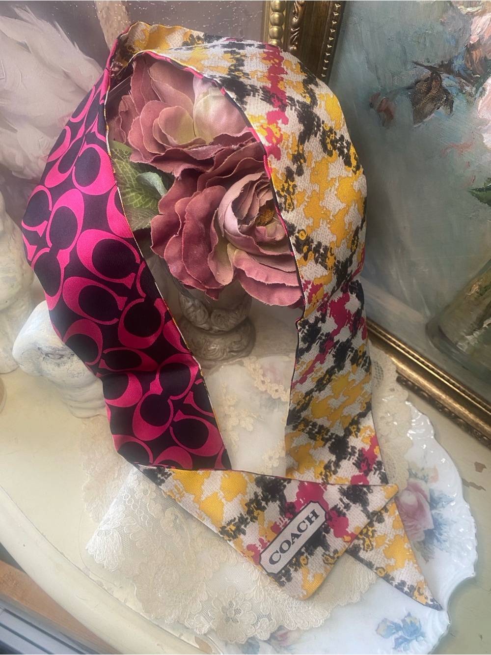 COACH Reversible Pink & Yellow Pattern Silk Scarf Tie